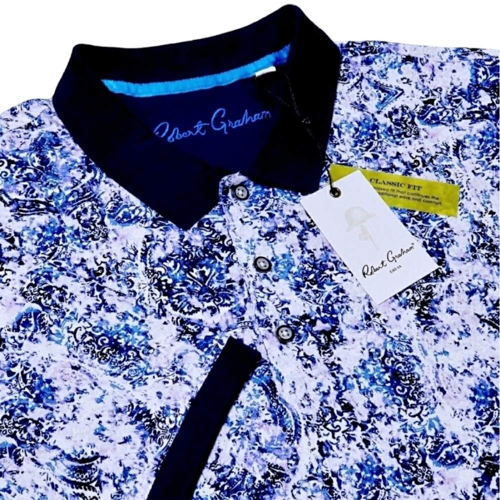 Robert Graham Geometric Paisley Mens XL Tribal Blue White Polo Sport Shirt $158